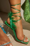 Sparkly Fuchsia Strappy Stiletto Heel Sandals with Feather