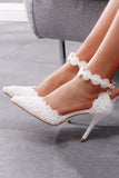 White Block Point Toe Ankle Strap High Heel Wedding Shoes With Pearls