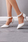 White Block Point Toe Ankle Strap High Heel Wedding Shoes With Pearls