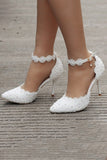 White Block Point Toe Ankle Strap High Heel Wedding Shoes With Pearls