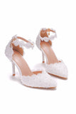 White Block Point Toe Ankle Strap High Heel Wedding Shoes With Pearls