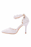 White Block Point Toe Ankle Strap High Heel Wedding Shoes With Pearls