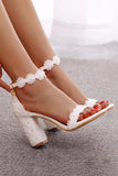 Lace White Block Heel Wedding Shoes With Pearls