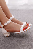 Lace White Block Heel Wedding Shoes With Pearls