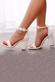Lace White Block Heel Wedding Shoes With Pearls