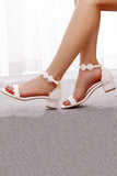 Lace White Block Heel Wedding Shoes With Pearls