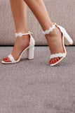 Lace White Block Heel Wedding Shoes With Pearls