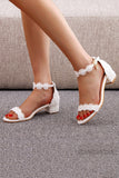 Lace White Block Heel Wedding Shoes With Pearls