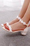 Lace White Block Heel Wedding Shoes With Pearls