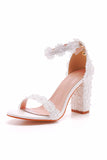 Lace White Block Heel Wedding Shoes With Pearls