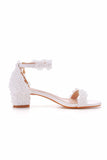 Lace White Block Heel Wedding Shoes With Pearls