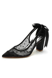 White Pointed Toe Block Heel Wedding Shoes With Bow