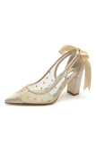 White Pointed Toe Block Heel Wedding Shoes With Bow