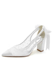 White Pointed Toe Block Heel Wedding Shoes With Bow