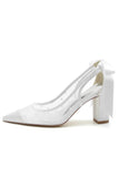 White Pointed Toe Block Heel Wedding Shoes With Bow