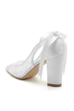 White Pointed Toe Block Heel Wedding Shoes With Bow