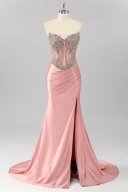 Mermaid Strapless Corset Blush Prom Dress With Beading