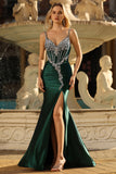 Dark Green Mermaid Corset Prom Dress With Slit
