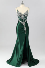 Dark Green Mermaid Corset Prom Dress With Slit