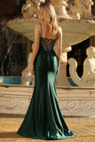 Dark Green Mermaid Corset Prom Dress With Slit