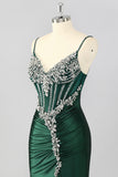 Dark Green Mermaid Corset Prom Dress With Slit
