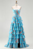 Floral Blue Strapless Tiered A-Line Corset Prom Dress With Slit