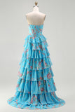 Floral Blue Strapless Tiered A-Line Corset Prom Dress With Slit