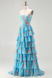 Floral Blue Strapless Tiered A-Line Corset Prom Dress With Slit