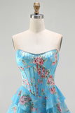 Floral Blue Strapless Tiered A-Line Corset Prom Dress With Slit