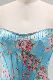 Floral Blue Strapless Tiered A-Line Corset Prom Dress With Slit