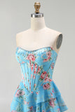 Floral Blue Strapless Tiered A-Line Corset Prom Dress With Slit