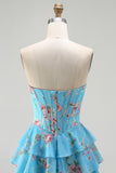 Floral Blue Strapless Tiered A-Line Corset Prom Dress With Slit