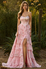 Pink Floral Strapless Tiered Corset Prom Dress With Slit