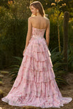 Pink Floral Strapless Tiered Corset Prom Dress With Slit