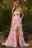 Pink Floral Strapless Tiered Corset Prom Dress With Slit