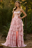 Pink Floral Strapless Tiered Corset Prom Dress With Slit