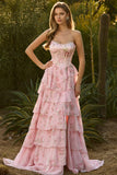 Pink Floral Strapless Tiered Corset Prom Dress With Slit