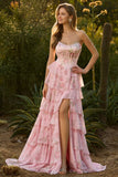 Pink Floral Strapless Tiered Corset Prom Dress With Slit