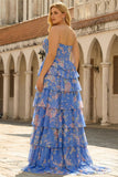 Dark Blue Corset Plus Size Tiered Floral Prom Dress