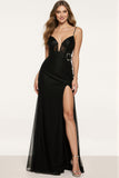 Black A Line V-Neck Formal Dress With Slit