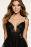 Black A Line V-Neck Formal Dress With Slit