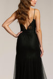 Black A Line V-Neck Formal Dress With Slit