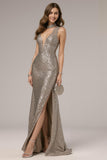 Sparkly Dark Silver Mermaid Formal Dress With Slit