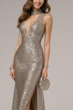 Sparkly Dark Silver Mermaid Formal Dress With Slit