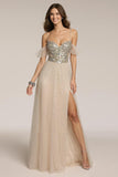 Champagne A-Line Cold Shoulder Sequin Formal Dress With Slit