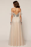 Champagne A-Line Cold Shoulder Sequin Formal Dress With Slit