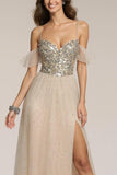 Champagne A-Line Cold Shoulder Sequin Formal Dress With Slit