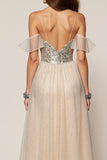 Champagne A-Line Cold Shoulder Sequin Formal Dress With Slit
