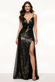 Sparkly Black Spaghetti Straps Long Formal Dress With Slit