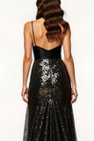 Sparkly Black Spaghetti Straps Long Formal Dress With Slit